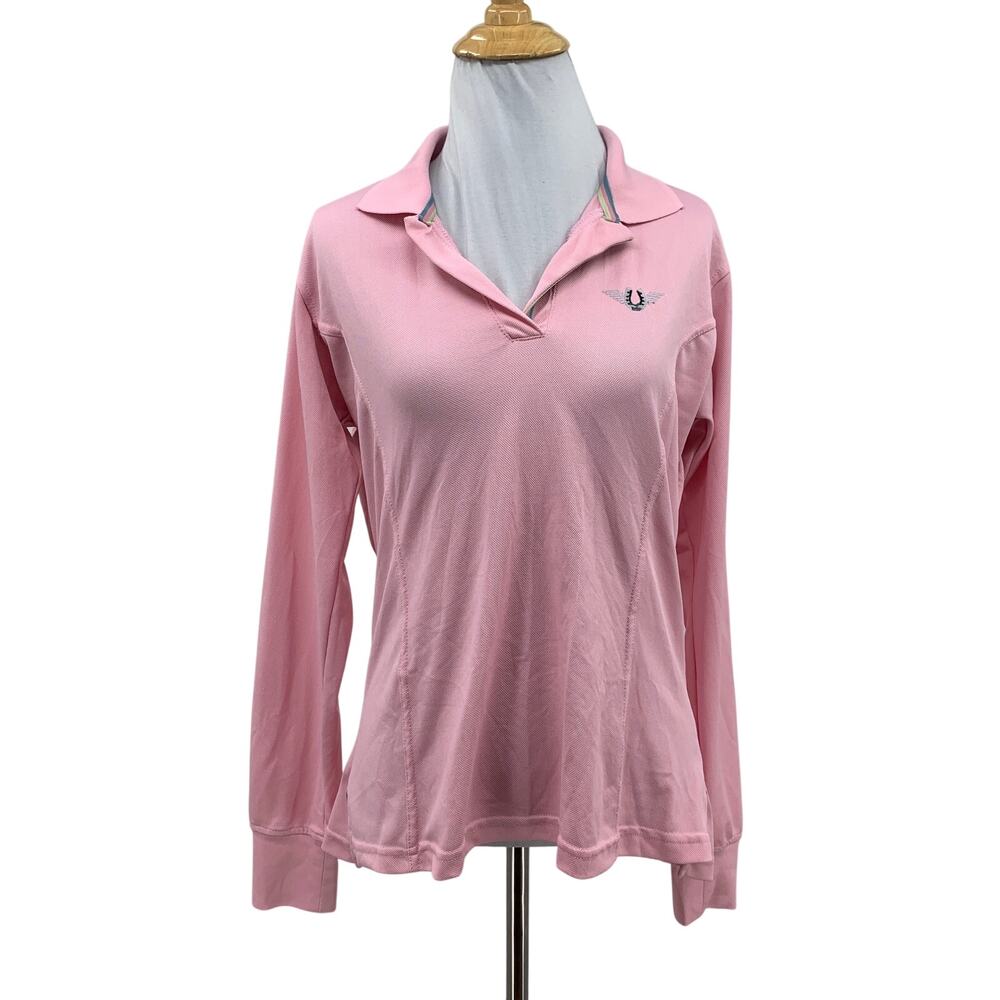 TuffRider Polo Shirt Womens M Medium Pink Tech Long Sleeve Side Slit Equestrian